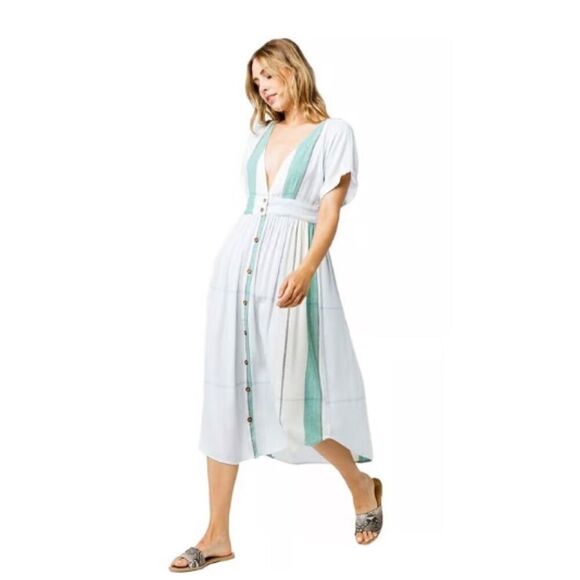 O’Neill woman’s medium Reid Light Blue Multi Stripe Button-Up Midi Dress - Picture 1 of 8